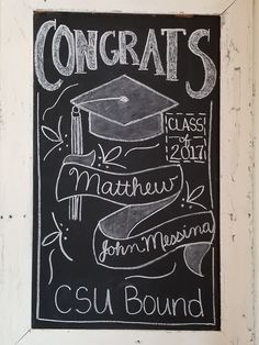 a chalkboard with congratulations written on it in front of a white frame and black background