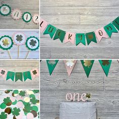 a collage of st patrick's day decorations including cake and cupcakes