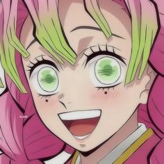 an anime character with green eyes and pink hair