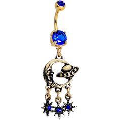 a gold plated belly ring with blue stones and stars on the bottom is shown