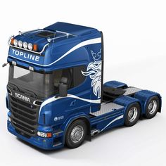 a blue semi truck with the name topline painted on it