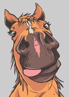 a brown horse with its mouth open and it's tongue sticking out to the side