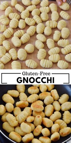 gnocchi shells are being cooked in a skillet and then placed on a cutting board