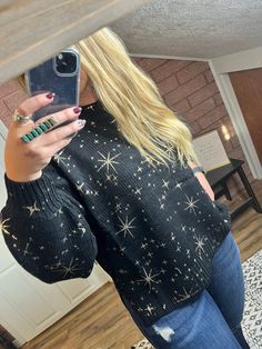 Gold Star Sweater-AND THE WHY-29eleven | Women’s Fashion Boutique in Menan, Idaho Star Embroidery, Grown Women, Star Sweater, Print Sweater, Women Helping Women, Different Outfits, Gold Star, Business Attire, Foil Print