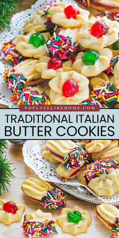 Here's a must-try homemade butter cookies that are perfect Christmas dessert ideas! These best Italian butter cookies are somewhat moist, buttery, and crumbly with three varieties of decorating that’s simple and fun to make. Try it! Butter Cookies With Sprinkles, Cherry Dip, Cookies Dipped In Chocolate, Italian Christmas Cookie Recipes, Butter Cookies Christmas, Xmas Cookies Recipes, Italian Butter, Cookies With Sprinkles, Christmas Cookie Exchange Recipes