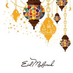 an arabic greeting card with lanterns and stars