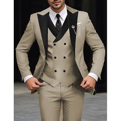 Category:Suits; Embellishment:Pocket; Season:Spring, Fall, Winter, Summer; Fabric:Polyester,TR; Front Closure:Single-Breasted Buttons; Style:Party,Daily; Includes:Vest,Pants,Jacket; Occasion:Prom,Party Evening Wear,Wedding; Fit Type:Tailored Fit; Jacket Buttons:Single Breasted One-button; Jacket Vents:Single (Center); Jacket Pockets:Straight Flapped; Vest Buttons:6; Pattern:Solid Colored; Listing Date:08/20/2024; Production mode:External procurement; Pant Length:null; Pants Waist:null; Shoulder Oktoberfest Outfits, Tuxedo Shirt Men, Womens Basic Tops, Mens Outdoor Jackets, Cotton Linen Pants, Trench Coat Men, Linen Shirt Men, Outwear Women, Prom Suits