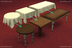 three tables and two stools with white tablecloths on them in a room