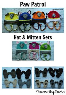 crocheted hats and mittens are shown in four different styles, including one for the