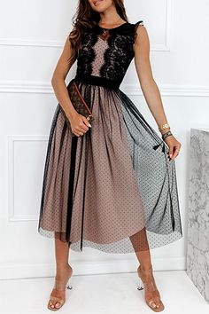 Elegant Patchwork Lace Mesh O Neck A Line Dresses Dantel Dress, Midi Dress Outfit, Work Vacation, Lace A Line Dress, Modern Party, Line Dresses, Sleeveless Outfit, 2022 Trends, A Line Dresses