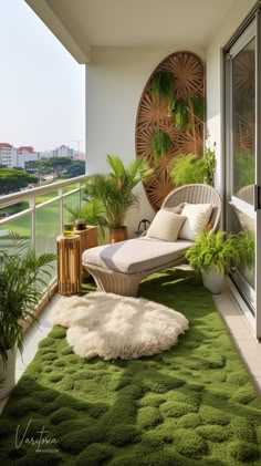 a balcony with green grass and plants on the floor, along with a chaise lounge