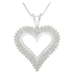 Celebrate someone you love with this stunning diamond pendant. This diamond necklace features 2 rows of round diamonds prong set along the edge of this open heart shape crafted of stunning sterling silver, with a matching box chain necklace. Both pretty and personal, this romantic diamond heart pendant necklace is sure to radiate romance. This open heart design is crafted of fine .925 sterling silver and set with 84 natural, earth mined rose-cut, promo quality diamonds. This sweet necklace makes a perfect Valentine's Day gift, or as a way to remember someone close to your heart. It's a classic and feminine piece she'll want to show off every day. "Video Available Upon Request" Diamond Heart Pendant Necklace, Heart Shaped Pendant Necklace, Sweet Necklace, Sterling Silver Heart Pendant, Sterling Necklaces, Silver Heart Pendant, Classic Necklace, Jewelry Essentials, Heart Shaped Diamond