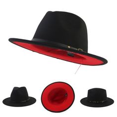 Our Red Bottom Fedora Hat features a unique color blocked design. Primary color is black but the bottom and inside of the brim is red. Hat circumference is 58-60 inches, Large size Fedora hat. Also features a removable belted design. Red Fedora Hat, Red Fedora, Black Fedora Hat, Black Fedora, Red Bottom, Red Hat, Red Bottoms, Red Silk, Wide Brimmed Hats