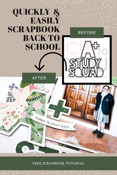 the back to school scrapbook is open and has an image of a person standing in front of it