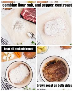 four different pictures showing how to cook meat and add seasoning for the steaks