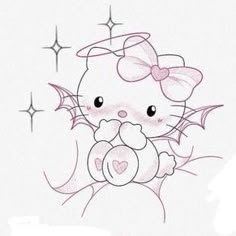 a drawing of a hello kitty holding a teddy bear with stars in the sky behind it