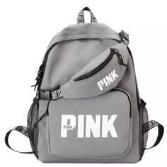 Gray W/“Pink” Fashion Nylon Backpack Bag And Waist Bag Set. Feature: 2 Mesh Side Pocket 1 Front Zippered Closure Inside Padded Pocket Adjustable Shoulder Strap Length: 17” W: 13” Waist Bag Has A Front And Back Zippered Pocket Material: Nylon Color: Gray No Brand Casual Large Capacity Pink Backpack, Casual Pink Backpack, Casual Pink Backpack For Back To School, Sporty Pink School Backpack, Sporty Back To School Bags, Sporty Pink Backpack For School, Trendy Pink Nylon Backpack, Casual Pink Bag For Back To School, Sporty Pink Backpack