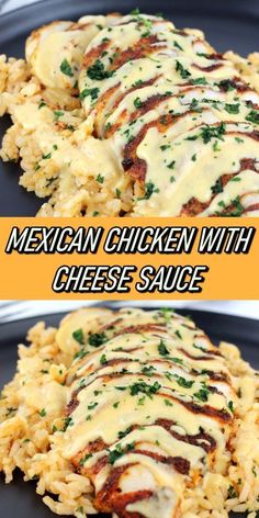 mexican chicken with cheese sauce is shown on the plate and in the background, there are two separate images