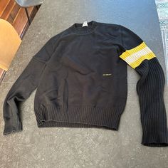 In Good Condition And Offers Accepted Casual Yellow Wool Sweater, Calvin Klein Casual Crew Neck Sweater, Designer Black Sweater With Ribbed Cuffs, Calvin Klein Cotton Long Sleeve Hoodie, Calvin Klein Crew Neck Graphic T-shirt, Calvin Klein Graphic Crew Neck T-shirt, Calvin Klein Graphic Print Crew Neck T-shirt, Sweaters Crewneck, Black N Yellow