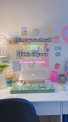 a desk with a keyboard, mouse and cup on it that says things you should buy if this is your dream room