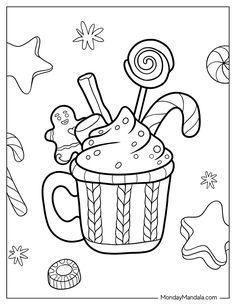 a cupcake with candy and candies on it coloring pages for kids to print