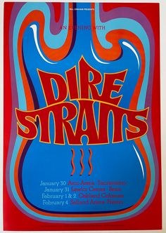 Dire Straits Concert Poster DIRE STRAITS JANUARY 30, 1992 @ ARCO ARENA, SACRAMENTO JANUARY 31, 1992 @ LAWLOR CENTER, RENO FEBRUARY 1&2, 1993 @ OAKLAND COLISEUM FEBRUARY 4, 1993 SELLAND ARENA, FRESNO Designer: Gary Grimshaw 13″ x 19″ BGP-53 ORIGINAL CONCERT POSTER Oakland Coliseum, Band Poster, Dire Straits, Mark Knopfler, Musica Rock