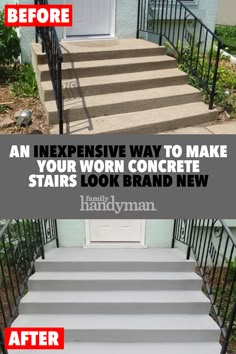 the steps before and after being painted white with black handrails to give them more curb appeal