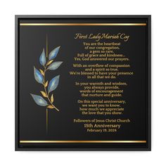 the first lady's memorial plaque is shown in gold and black with blue leaves