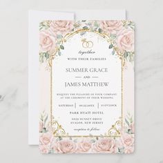 wedding card with pink roses and gold frame