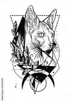 the head of a cat with geometric shapes and leaves on it's face, drawn in