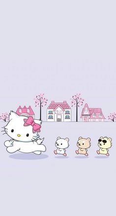 hello kitty wallpaper with four little kittens in front of a house and trees