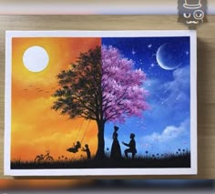 a painting of two people sitting under a tree at night and the sun is setting