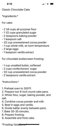 a recipe for chocolate cake with ingredients list