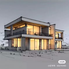 an architectural rendering of a modern house at dusk with windows and balconies on the second floor