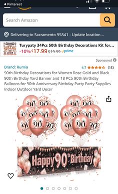 an amazon page with balloons and streamers for 90th birthday party on the phone