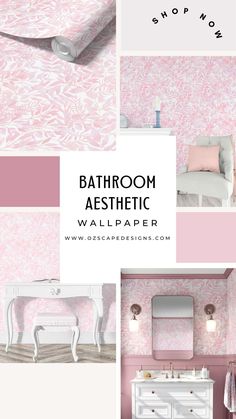 bathroom aesthetic wallpaper in pink and white with text overlay that reads, bathroom aesthetic wallpaper