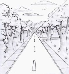 a drawing of a long road with trees and mountains in the background