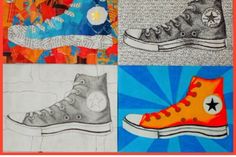 four different colored drawings of converse shoes