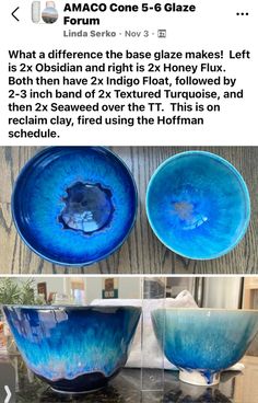 two blue bowls sitting on top of a table