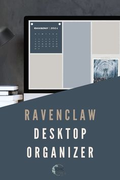 a desktop computer sitting on top of a desk next to books and a lamp with the words ravenclaw desktop organizer