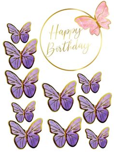 purple butterflies with the words happy birthday in gold foil on top of each one, and pink