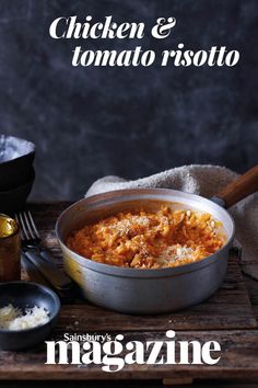 the cover of magazine chicken and tomato risotto is shown on a wooden table