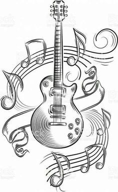 an electric guitar with musical notes and trebles around it, on a white background