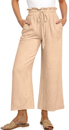 PRICES MAY VARY. Casual Linen Pants - US SIZE: S=US(4-6), M=US(8-10), L=US(12-14), XL=US(16-18), XXL=US(20-22), our palazzo pants feature a drawstring, elastic high waist, and relaxed style to flatter all body types. Occasion - This wide leg capri trousers suit for vacation, beach, travel, work, outdoor activity, home and lounge wear. They are so light weight,flowy,comy and stylish looking for any occasion. Featurs - Linen material, slouchy style, elastic draswtring hig wasited, 2 Side deep pockets, wide legs, cropped pants, pleated detailing, solid color. Match - Summer linen pants is nice to match with casual tops, sandals and your favorite necklace to have a cute & stylish look Washing - Dry clean only, do not bleach, do not dry it in dryer to avoid shrink. Non-stretch Full Length Drawstring Bottoms, Beige Wide-leg Pants With Tie Waist, Non-stretch Straight Leg Bottoms With Drawstring, Beige Drawstring Trousers, Beige High Waist Bottoms With Tie Waist, Beige Wide-leg Drawstring Pants, High Waist Beige Bottoms With Drawstring, Beige High-waist Bottoms With Drawstring, Non-stretch Bottoms With Drawstring