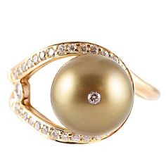 Tahitian Pearl Diamond Ring by Honora For Sale Luxury Yellow Gold Rings With Tahitian Pearl, Gold Tahitian Pearl Rings For Wedding, Elegant Yellow Gold Tahitian Pearl Rings, Gold Pearl Ring With Halo Setting In Luxury Style, Gold Pearl Ring With Halo Setting, Pearl Diamond Ring, Pearl And Diamond Ring, Gold Rings Jewelry, Tahitian Pearls