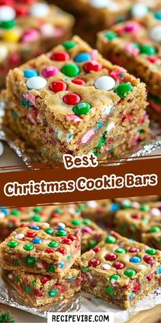 christmas cookie bars with m & m candy on top and the words best christmas cookie bars