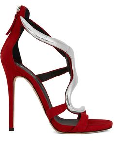 Red leather/suede Venere metallic-snake sandals from Giuseppe Zanotti featuring metallic snake detail, branded insole, open toe, almond toe, rear zip fastening and high sculpted heel. Sandle Heels, Shoe List, Fashions Designs, Snake Sandals, Zanotti Heels, Metal Snake, Red Race, Lord Help, Summer Luxury