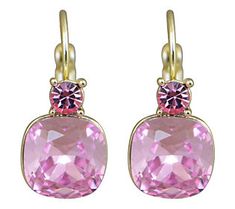 pair of earrings with pink topaz and yellow gold plating, set on white background