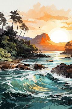 a painting of the ocean at sunset with palm trees and mountains in the back ground