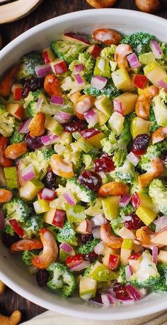 Broccoli, Cashew, Apple and Pear Salad with Cranberries in a white bowl Thanksgiving Broccoli, Pears Salad, Broccoli Cashew, Cashew Apple, Salad Macaroni, Creamy Salad, Yogurt Honey, Creamy Salad Dressing